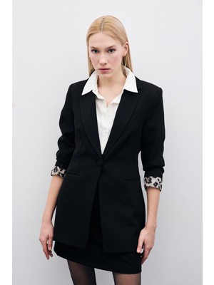 Sateen Siyah Mono Yaka Klasik Ceket Kadın %100 Polyester Kruvaze Yaka Cepli Şık Tasarım