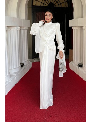 Saten Krinkıl Kumaş Büzgü Detaylı Abiye Elbise - Beyaz