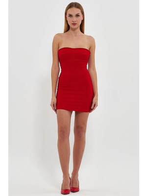 Finike Kumaş Straples Yaka Mini Elbise
