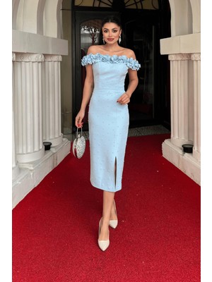 Atlas Kumaş Çiçekli Inci Detaylı Kalem Elbise - Bebe Mavisi