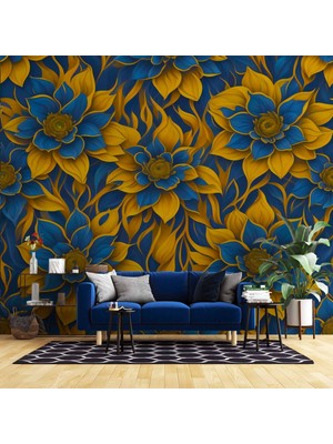 Mavi 3 Boyutlu Çiçek Desenli Duvar Kağıdı