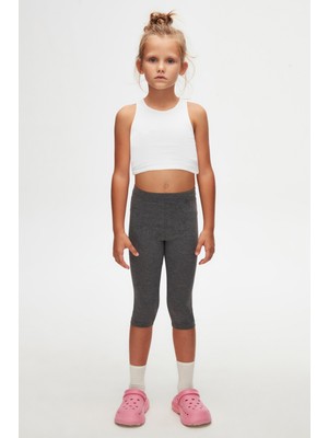 Lovetti Koyu Gri Basic Kız Çocuk Diz Altı Tayt Kapri Düz Desenli Rahat Kesim