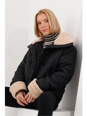 Ceylen Kadın Siyah Şişme Mont Uzun Kol Oversize Modeli ile Günlük Kullanımda Rahatlık