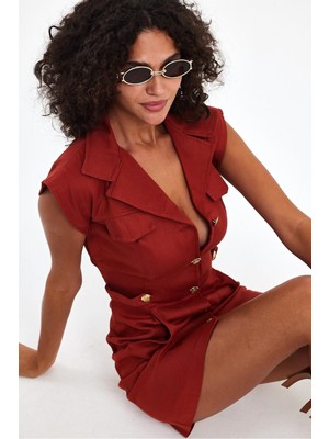 Düğme Detaylı Dokuma Gömlek Elbise