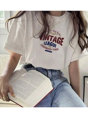 Woodroffe Vintage Baskılı Kadın Salaş Oversize Boyfirend Beyaz T-Shirt