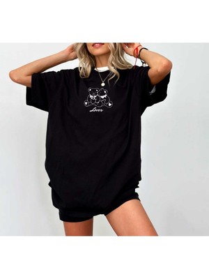 Woodroffe Bear Lover Baskılı Siyah Kadın Oversize T-Shirt Salaş Boyfirend
