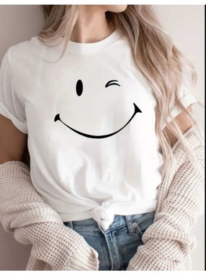 Woodroffe Gülen Yüz :) Baskılı Kadın Salaş Oversize Boyfirend T-Shirt