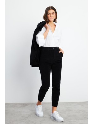 Kadın Norah Siyah Beli Lastikli Kadife Pantolon