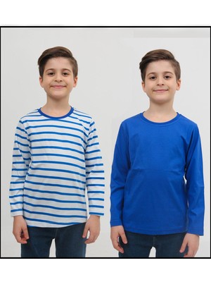2'li Bisiklet Yaka Uzun Kollu Çizgili ve Düz Unisex Çocuk Sweatshirt Mavi Beyaz