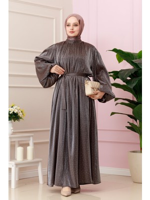 Balon Kol Taşlı Şimal Abiye-Kahverengi