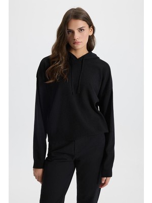 Kadın Angelica Siyah Kapüşonlu Regular Fit Triko Kazak