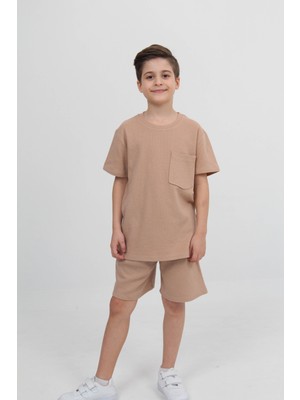 Perendi Waffle Dokulu Cepli Tshirt ve Şort Erkek Çocuk Takım Kahverengi