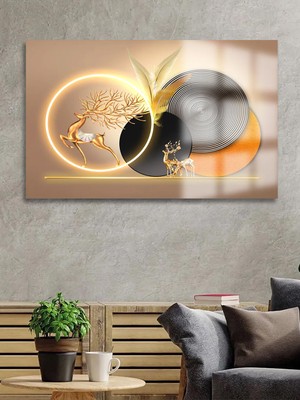 Taulart Gold Detaylı Geyik Soyut Harika Tasarım Lüks Kırılmaz Cam Tablo 4 mm  Ev Iş Yeri Ofis Hediyesi Tablo