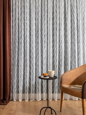 Kullanıma Hazır Petek Üstü Ekru Renk Baklava Desen (1x2) Seyrek Pile Tül Perde