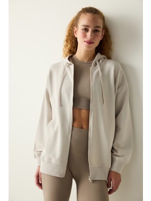 Penti Açık Bej Oversize Kapüşonlu ve Fermuarlı Hoodie