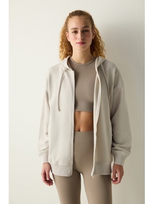 Penti Açık Bej Oversize Kapüşonlu ve Fermuarlı Hoodie