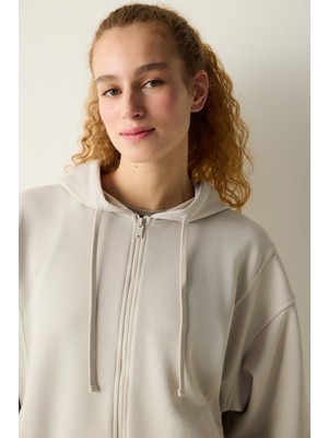 Penti Açık Bej Oversize Kapüşonlu ve Fermuarlı Hoodie