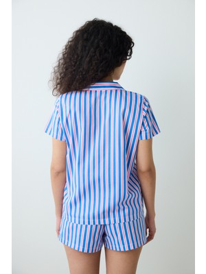 Penti Amelia Gömlek Şort Mavi Pamuklu Pijama Takımı