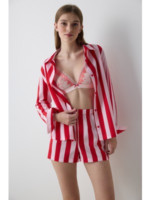 Penti Lilah Striped Pamuklu Gömlek Şort Kırmızı Pijama Takımı - Penti Loves Paris Koleksiyonu