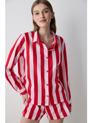 Penti Lilah Striped Pamuklu Gömlek Şort Kırmızı Pijama Takımı - Penti Loves Paris Koleksiyonu