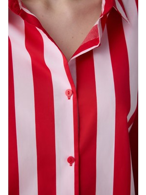 Penti Lilah Striped Pamuklu Gömlek Şort Kırmızı Pijama Takımı - Penti Loves Paris Koleksiyonu