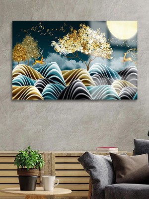 Taulart Gold Detaylı Geyik Soyut Harika Tasarım Lüks Kırılmaz Cam Tablo 4 mm  Ev Iş Yeri Ofis Hediyesi Tablo