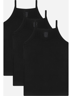 Kız Çocuk Ip Askılı Atlet Siyah 3'lü %100 Pamuk Ribana Yumuşak ve Esnek Kumaş