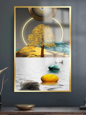 Taulart Gold Detaylı Ağaç Harika Tasarım Lüks Kırılmaz Cam Tablo 4 mm  Ev Iş Yeri Ofis Hediyesi Tablo