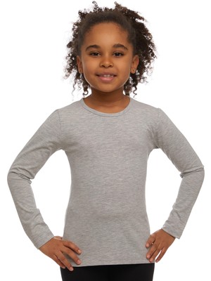 Açık Gri Basic Mevsimlik Likralı Uzun Kollu Kız Çocuk Tişört