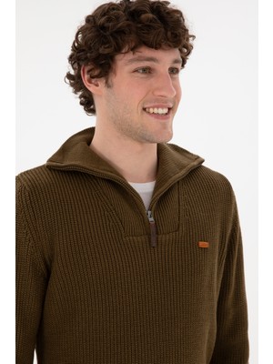 U.S. Polo Assn. Erkek Regular Fit Yarım Fermuarlı Haki Kazak 50297047-VR027