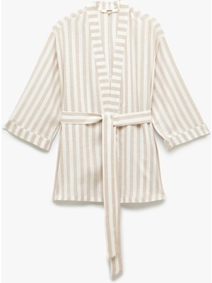 Koton Beli Kuşak Detaylı Kruvaze Viskon Keten Kimono Ceket