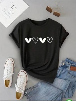 Yan Yana Kalpler  Baskılı Basic T-Shirt