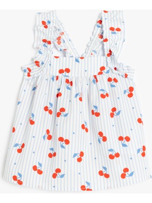 Koton Kare Yaka Fırfır Detaylı Kiraz Baskılı Pamuklu Bluz