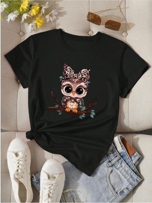 Sevimli Baykuş Baskılı Basic T-Shirt