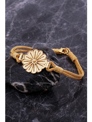 Sümer Telkari Kazaziye Telkari Işlemeli Altın Kaplama Papatya Elişi Gümüş Bileklik 4760