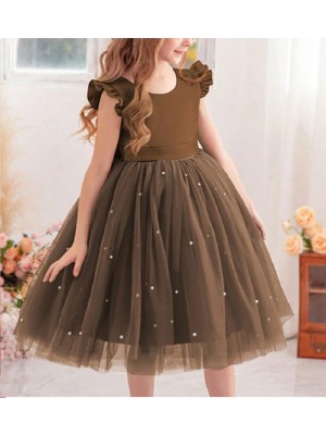 Kız Çocuk Kahve Rengi Incili Elbise Mezuniyet Doğum Günü Özel Gün Abiye Elbise