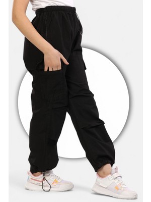 Paraşüt KUMAŞ-%100 Pamuk-Lastikli Stoperli- Kargo Cepli-Diz Katlama Detaylı-Kız Çocuk Pantolonu