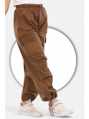 Paraşüt KUMAŞ-%100 Pamuk-Lastikli Stoperli- Kargo Cepli-Diz Katlama Detaylı-Kız Çocuk Pantolonu