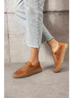 Shoetek Simbai Kadın Babet Deri Taba Bağcıklı Şeffaf Tabanlı Düz Topuklu Ayakkabı