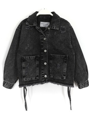 DobaKids Kız Çocuk Antrasit Yıkamalı Püskül Detaylı Oversize Boxy Fit Destroyed Oversize Denim Ceket