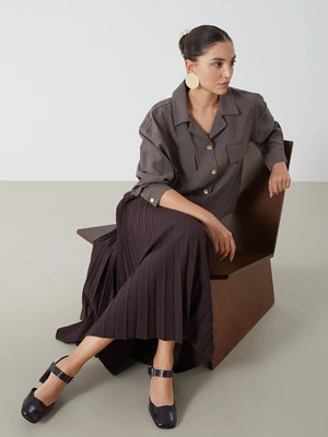 Classic Kahverengi Beli Lastikli Kadın Pileli Etek T T