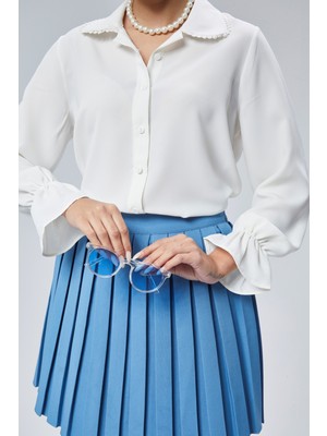 Fumel Kadın Ekru Büzgülü Kol Dantenli Yaka Detaylı Dokuma Gömlek