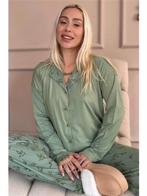 Pijama Evi Yeşil Çiçek Desenli Bambu Önden Düğmeli Uzun Kol Kadın Pijama Takımı
