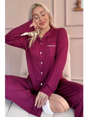 Pijama Evi Mürdüm Dublin Önden Düğmeli Uzun Kollu Kadın Pijama Takımı