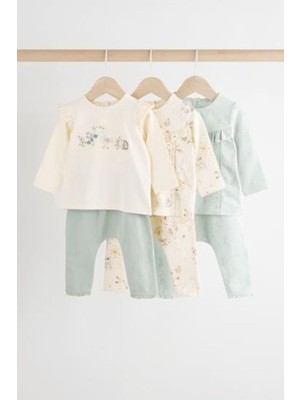 Next Baby Pamuklu Beyaz Yeşil Ördek Desenli Uzun Kollu 3'lü Alt Üst Takım