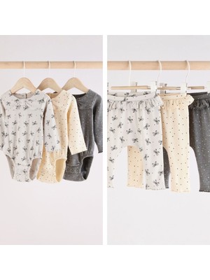 Next Baby Pamuklu Krem Gri Çiçek Desenli Uzun Kollu Body Zıbın Tayt 3’ Lü Alt Üst Takım