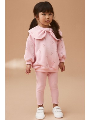 Next Baby Pamuklu Pembe Fiyonk Yaka Uzun Kollu Sweatshirt Tayt Alt Üst Takım