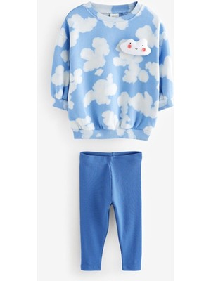 Next Baby Pamuklu Mavi Bulut Desenli Uzun Kollu Sweatshirt Tayt Alt Üst Takım