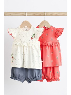 Next Baby  Pamuklu Beyaz Kırmızı Çilek Desenli Kısa Kollu Şortlu 2’li Alt Üst Takım