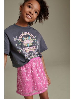 Next Baby Pembe Gri Çiçek Desenli Thsirt Pembe Payetli Etek Alt Üst Takım